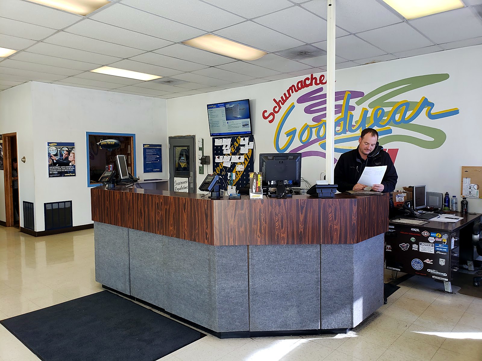 The front counter at Schumacher Goodyear in Fargo